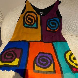 Jonvaldi Multi colored swing dress Size Large Handpainted 100% silk chiffon
